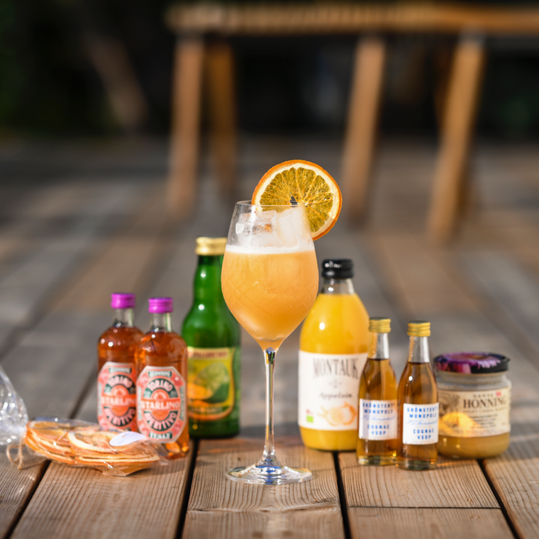 Sporange, Cognac, Aperitivo, Appelsinjuice, Honning, Limesaft