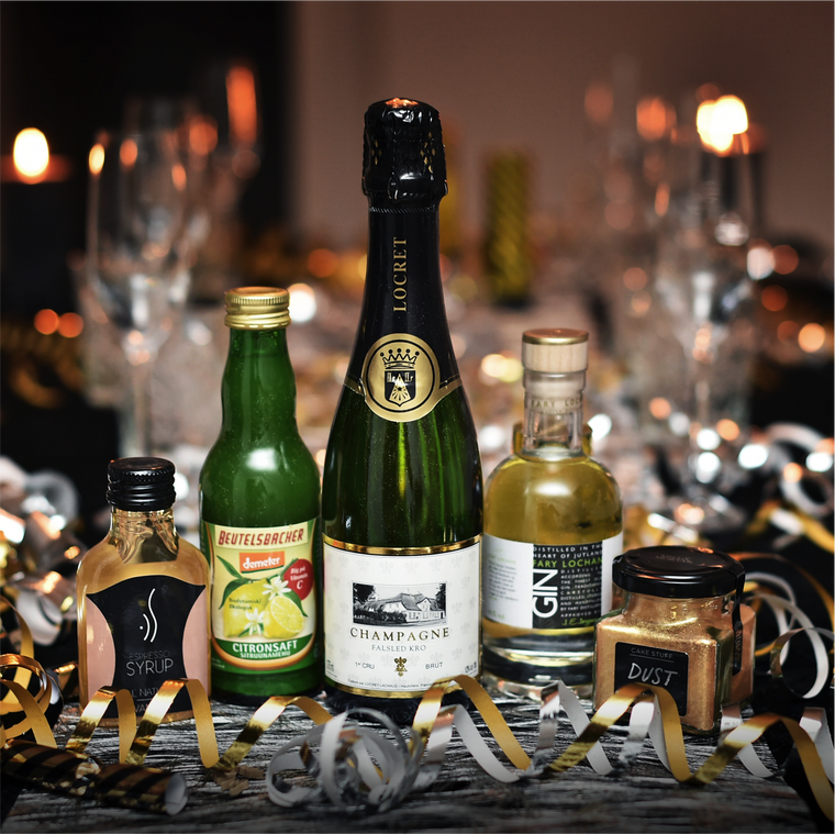 French 75, Champagne, Gin, Guldstøv, Citronsaft, Vaniljesirup