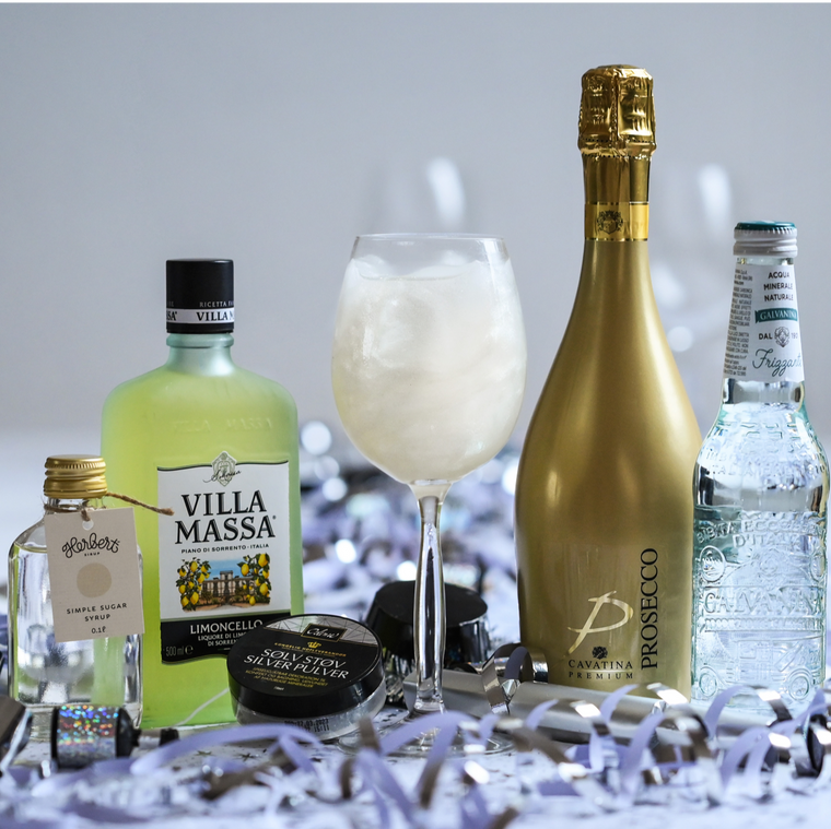Limoncello Spritz, Limoncello, Prosecco, Sukkersirup, Danskvand, Sølvstøv